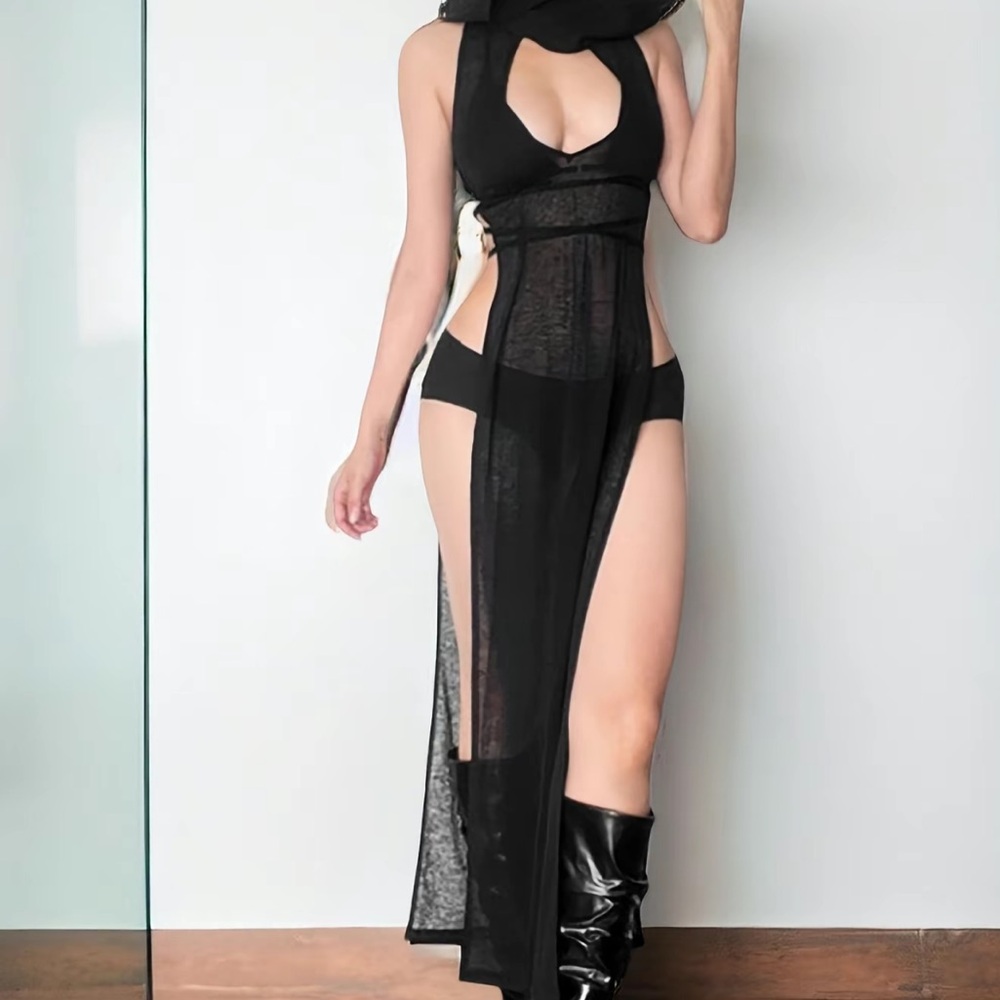 Black Sheer Thigh Slit Dress